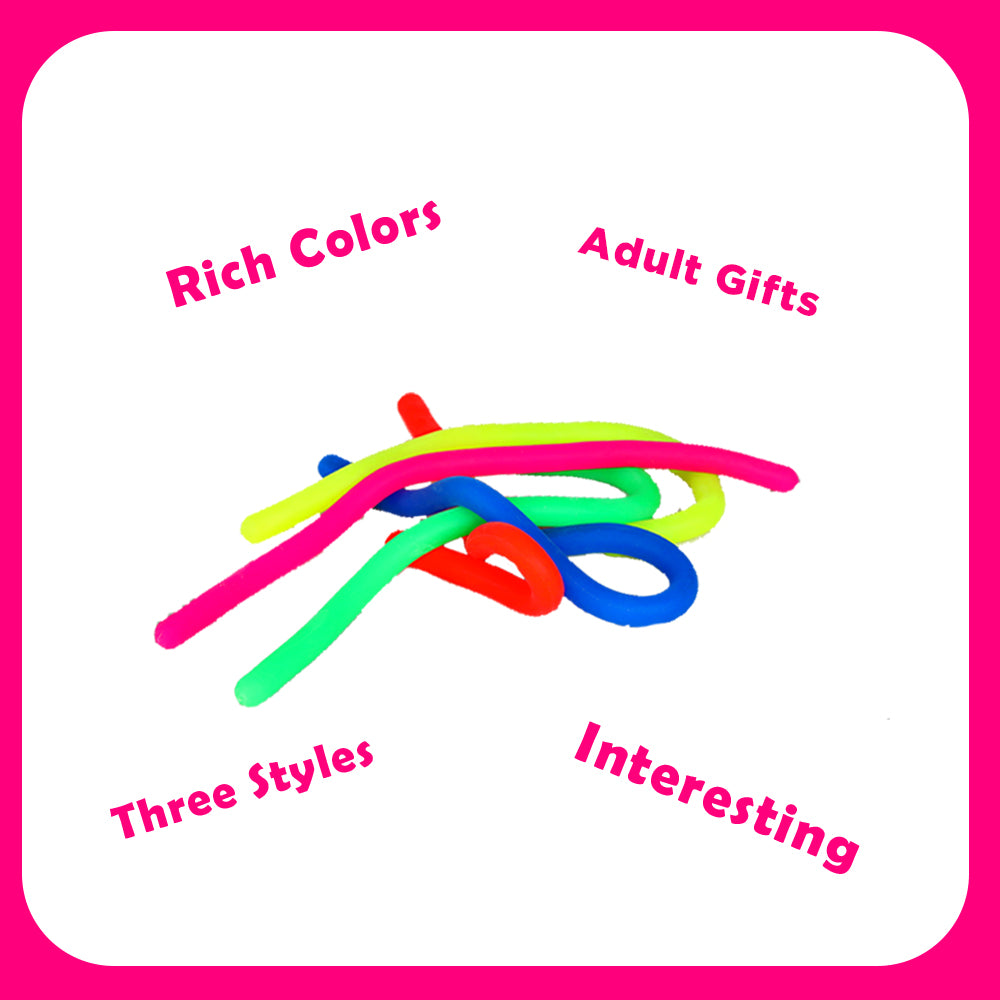 Ableys colorful neon stretchy fidget strings for anxiety relief showing pink green blue and red tactile tubes