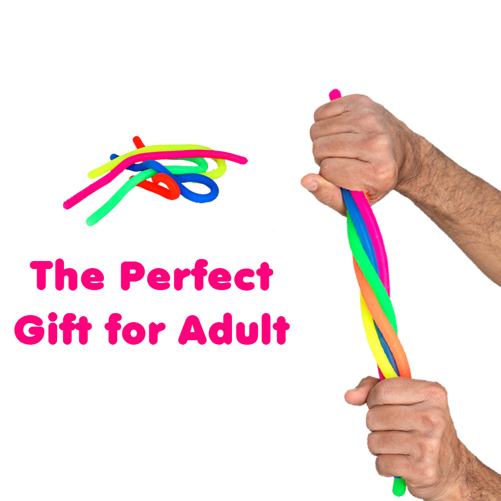 Adult hands twisting neon multicolor stretchy fidget strings for anxiety relief stress toy gift by Ableys