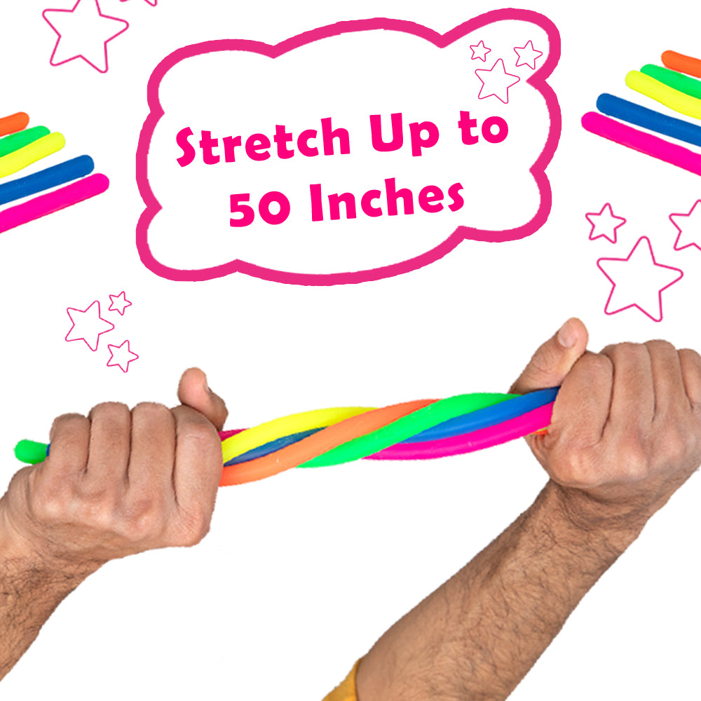 Ableys stretchy fidget strings for anxiety relief shown stretched by hands with bright rainbow colors