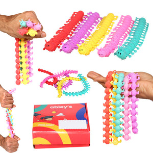 Ableys colorful sensory caterpillar toys being stretched by hands stretchy fidget strings for kids