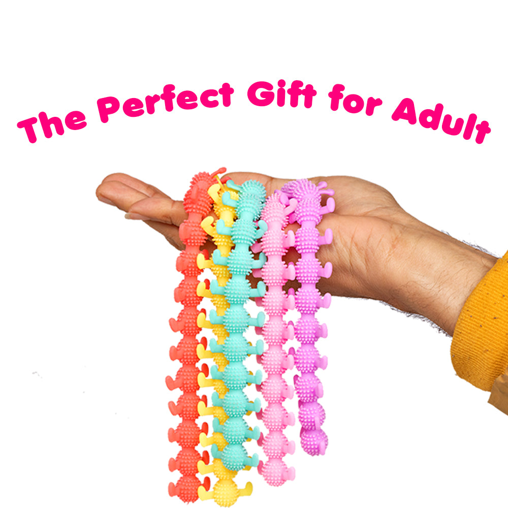 Ableys colorful stretchy fidget strings for kids held in hand showing pastel spiky sensory toy strands