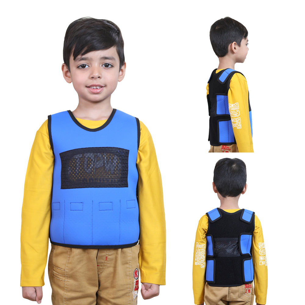 Boy wearing Ableys blue adjustable weighted vest for kids shown front side and back views