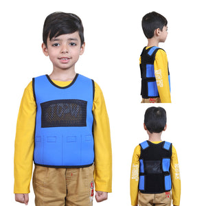 Boy wearing Ableys blue adjustable weighted vest for kids shown front side and back views