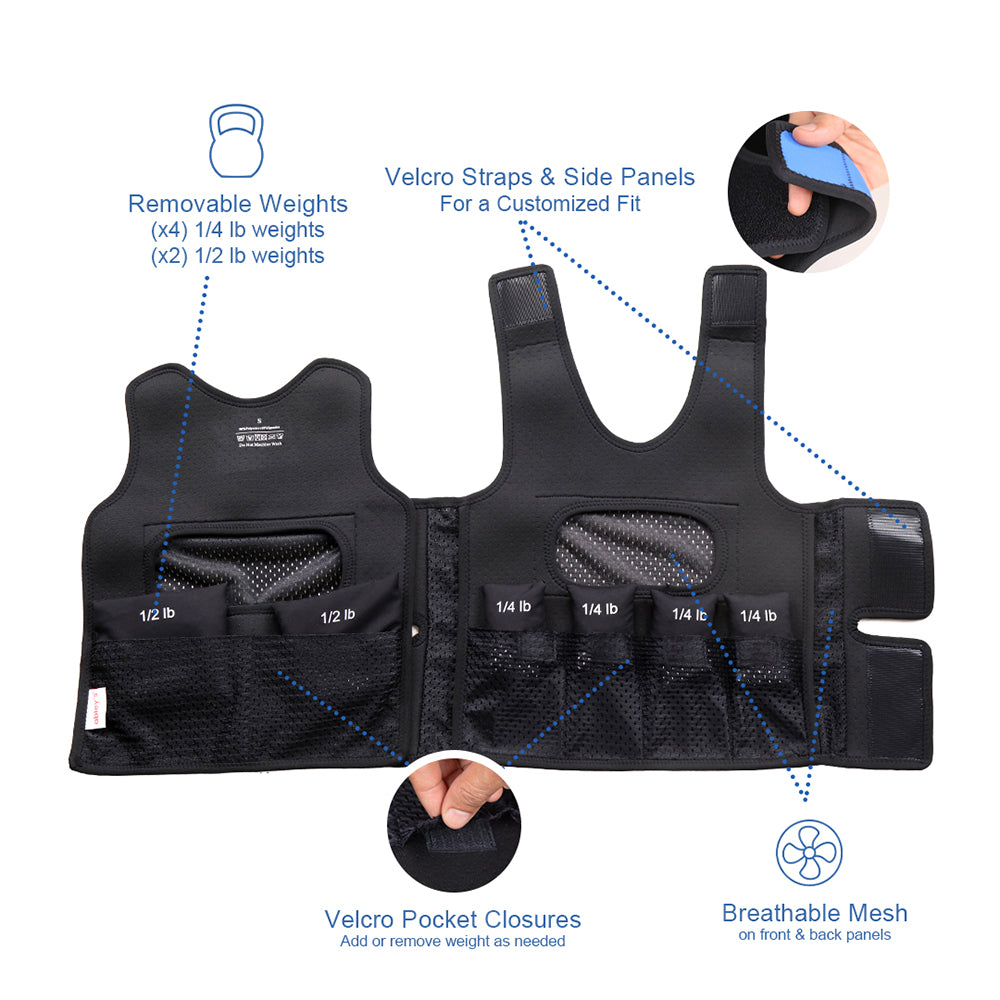 Ableys black adjustable weighted vest for kids with removable quarter and half pound weights and Velcro straps