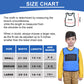 Ableys weighted vest for kids size chart showing blue vest worn by child with width length and age ranges