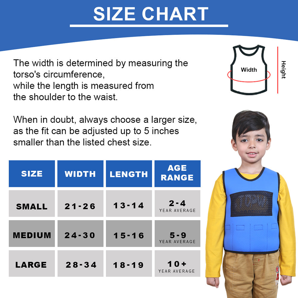 Ableys weighted vest for kids size chart showing blue vest worn by child with width length and age ranges
