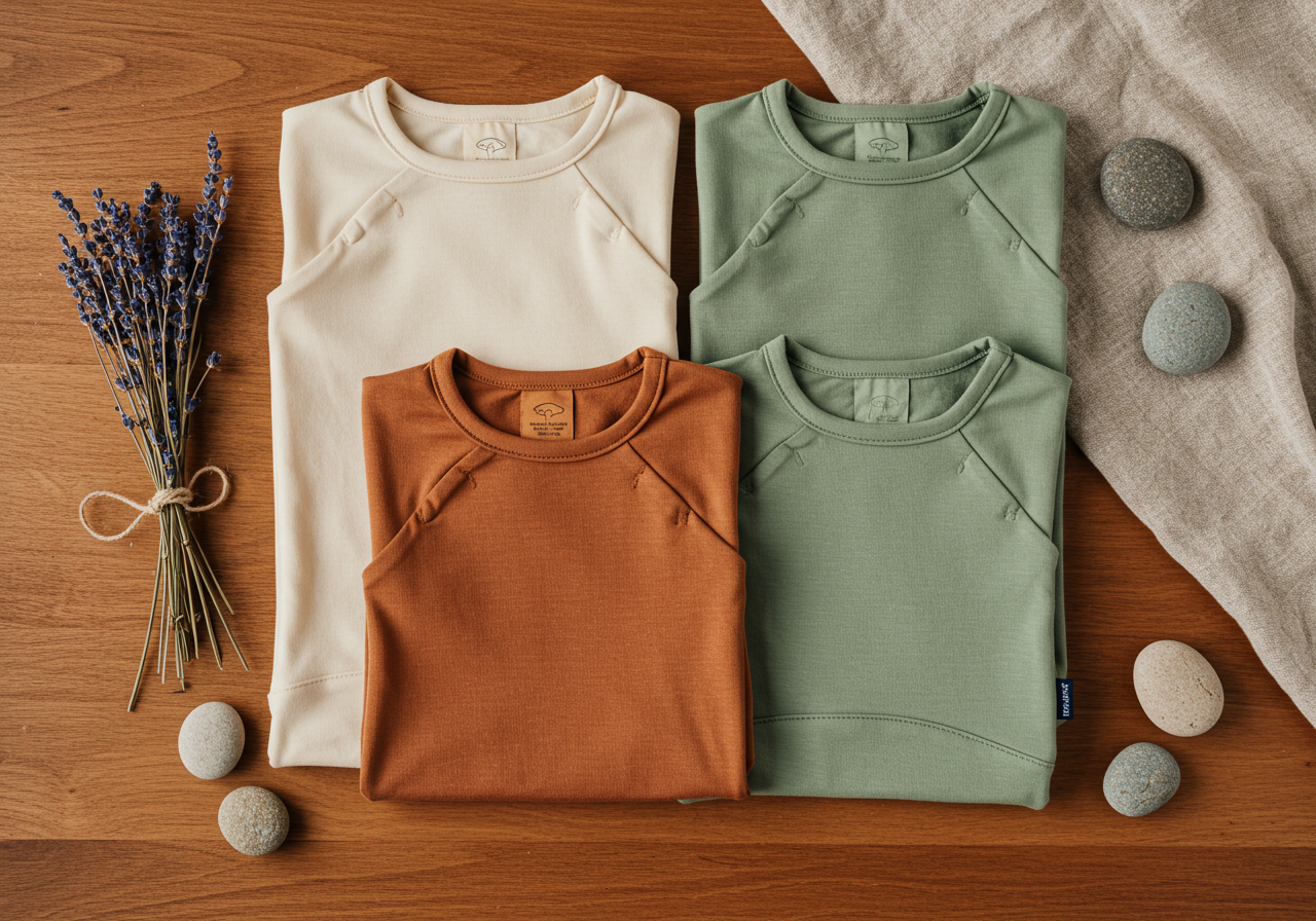 Adaptive clothing hero banner — cream, sage green and terracotta sensory shirts