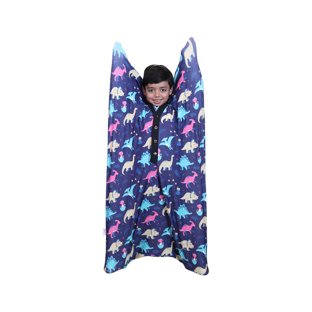 Ableys Jurassic Park sensory body sock with colorful dinosaur print worn by smiling child for calming therapy