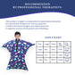 Jurassic Park sensory body sock Ableys child wearing dinosaur print sensory body sock next to size chart and therapist note