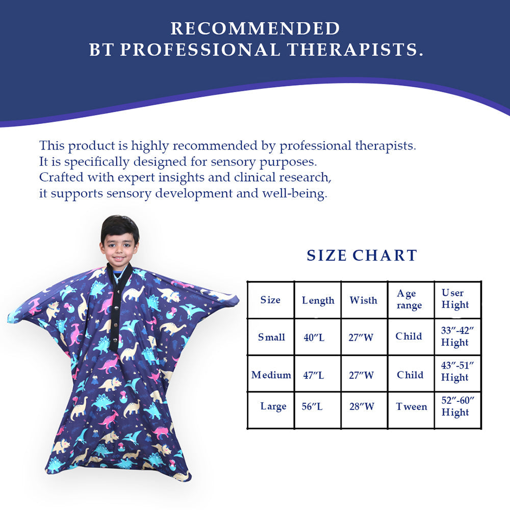 Jurassic Park sensory body sock Ableys child wearing dinosaur print sensory body sock next to size chart and therapist note