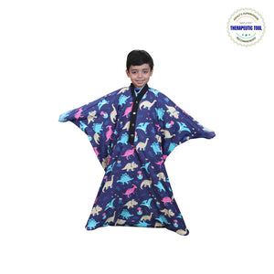 Ableys Jurassic Park sensory body sock worn by smiling child in purple dinosaur print for calming therapy