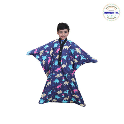 Ableys Jurassic Park sensory body sock worn by smiling child in purple dinosaur print for calming therapy