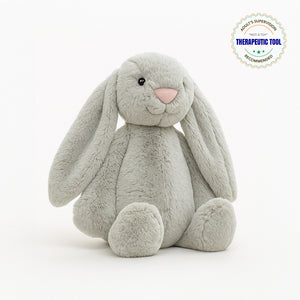 Ableys gray seated weighted plush bunny for sensory therapy with long floppy ears and soft fur