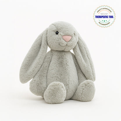 Ableys gray seated weighted plush bunny for sensory therapy with long floppy ears and soft fur
