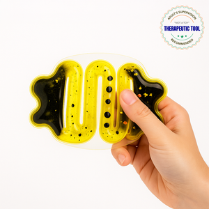 Ableys yellow and black tactile sensory fidget pad for anxiety held in hand with squishy bubbles