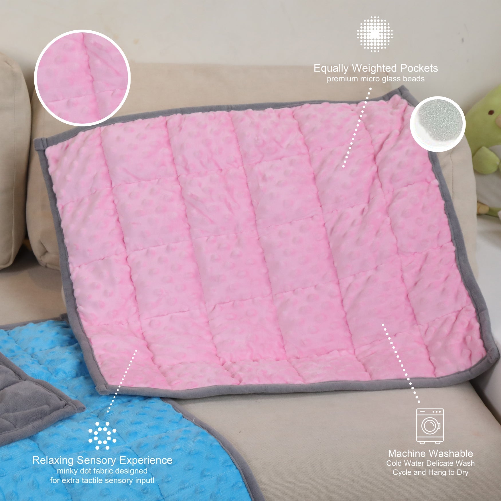 Ableys pink plush weighted lap pad for focus with gray trim and evenly weighted quilted pockets on sofa