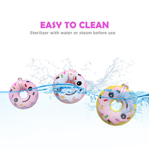 Ableys pink donut silicone chewable necklaces for sensory needs shown with water splash easy to clean