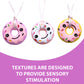 Ableys three colorful donut silicone chewable necklaces for sensory needs with smiling faces and textured sprinkles