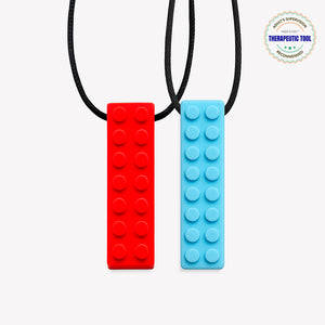 Ableys red and blue silicone brick teether on black cords chewable necklace for kids sensory oral motor tool