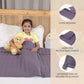 Ableys weighted blanket for kids in gray on bed with smiling girl holding teddy bear and quilted texture