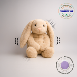 Ableys weighted vibrating plush bunny beige sitting soft sensory therapeutic toy for calming hugs and vibration