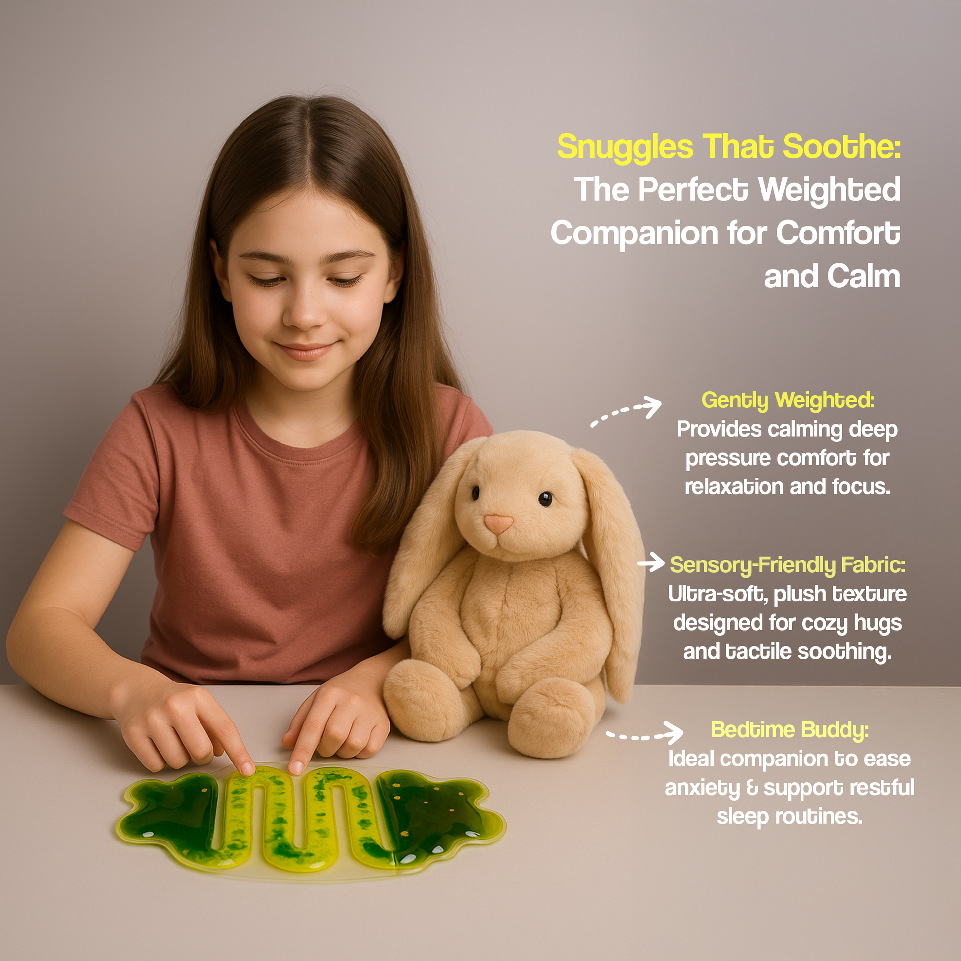 Ableys weighted vibrating plush bunny beige sensory stuffed rabbit beside girl using green fidget pads for calming