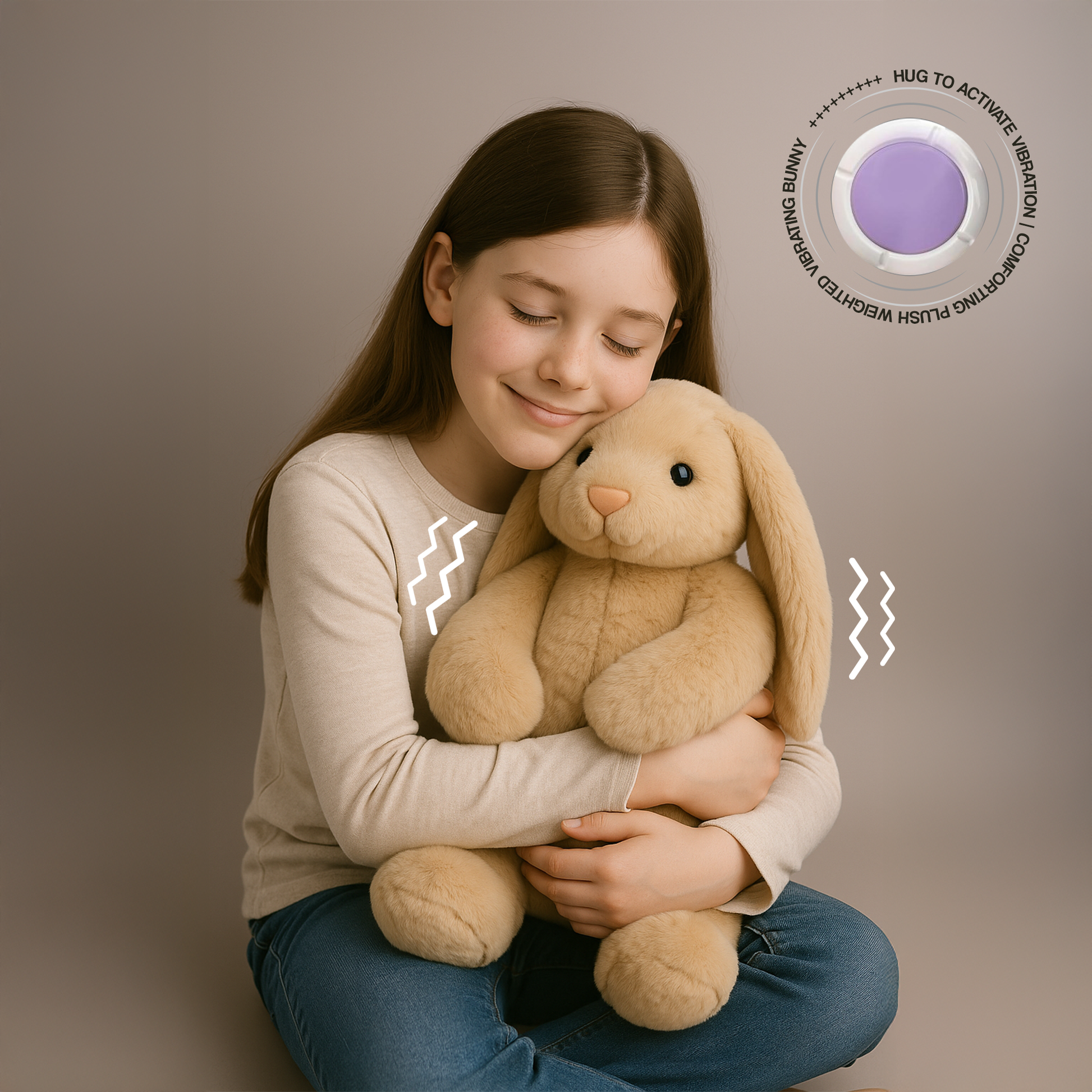 Girl hugging a weighted vibrating plush bunny beige comfort toy with closed eyes for calming sensory support
