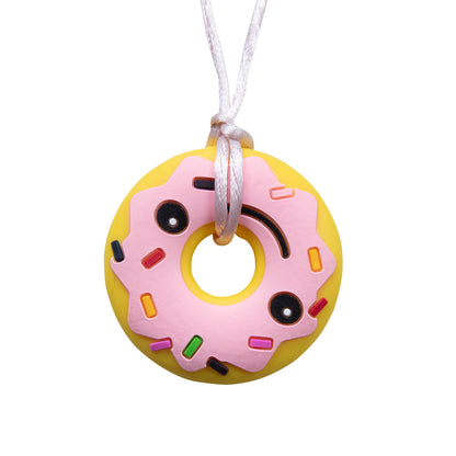 Ableys donut silicone chewable necklace for sensory needs with pink icing sprinkles and breakaway cord