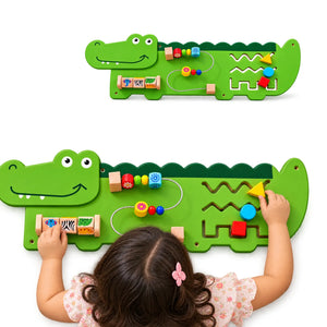 Crocodile Wooden Busy Board Wall Panel for Kids – Sensory Montessori Activity Board (89 x 32 cm)