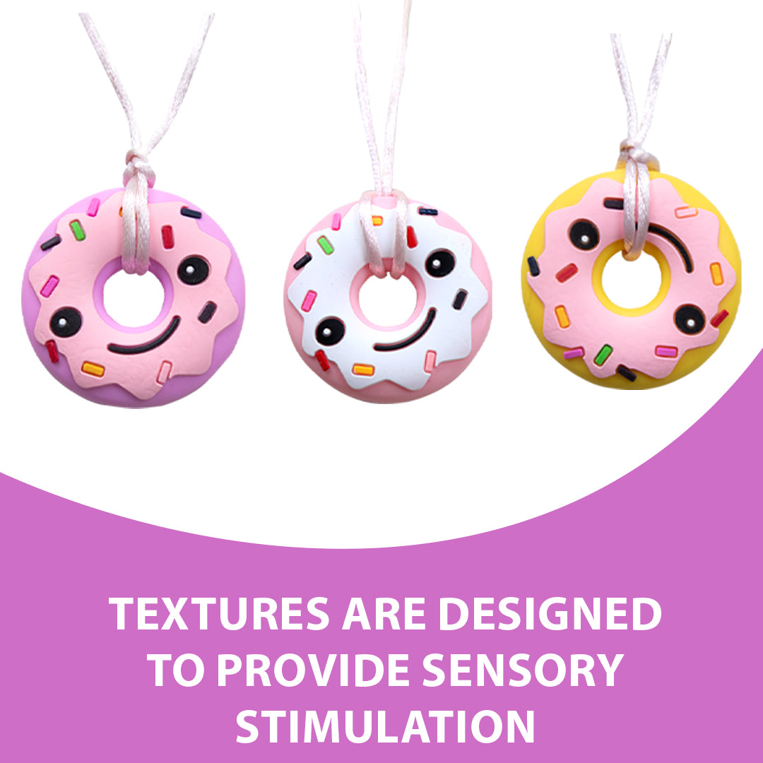 Ableys chewable necklace for sensory needs three donut silicone pendants with smiley faces and sprinkles on cords