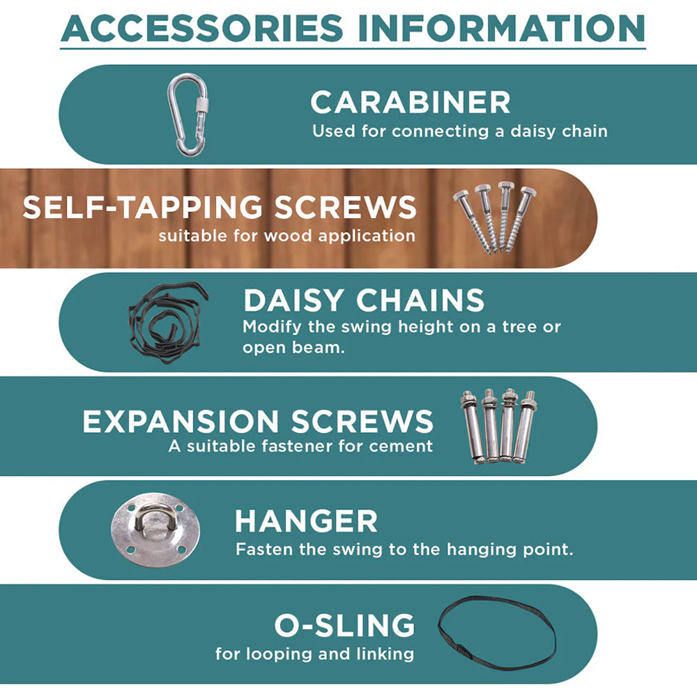 Accessories list showing carabiner screws daisy chains expansion screws hanger O sling for lycra sensory swing for kids