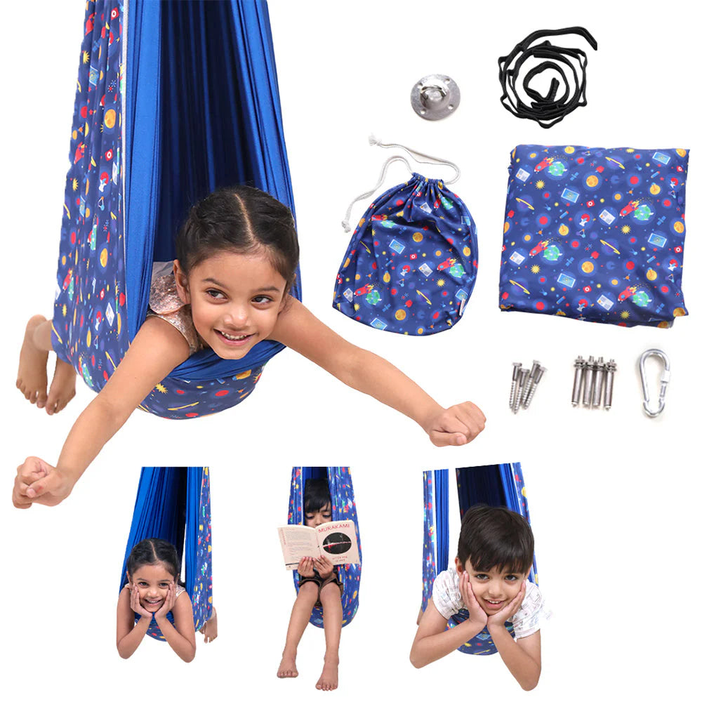 Ableys lycra sensory swing for kids blue space print hammock with mounting kit and child demonstrating use