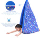 Ableys blue space print lycra sensory swing for kids with double layer fabric and child cradled like a flying pod