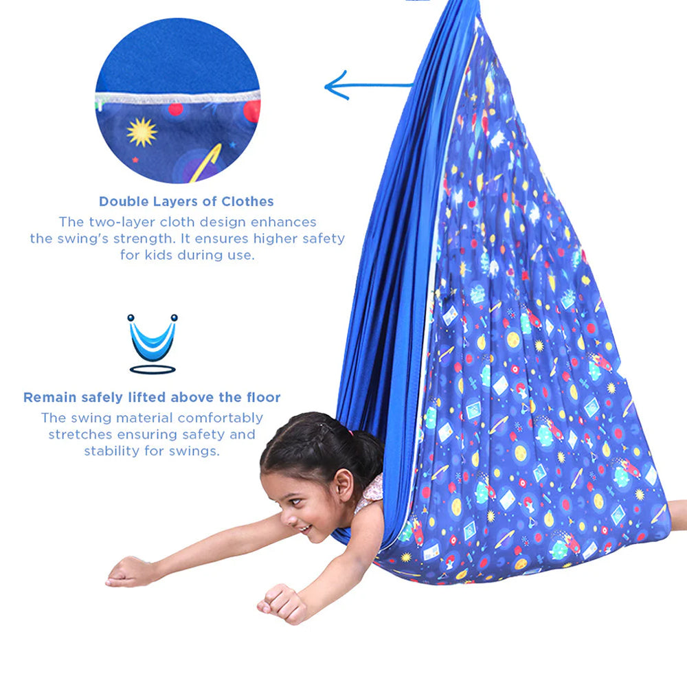Ableys blue space print lycra sensory swing for kids with double layer fabric and child cradled like a flying pod