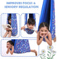 Ableys blue patterned lycra sensory swing for kids with children reading cuddling and relaxing in the fabric pod