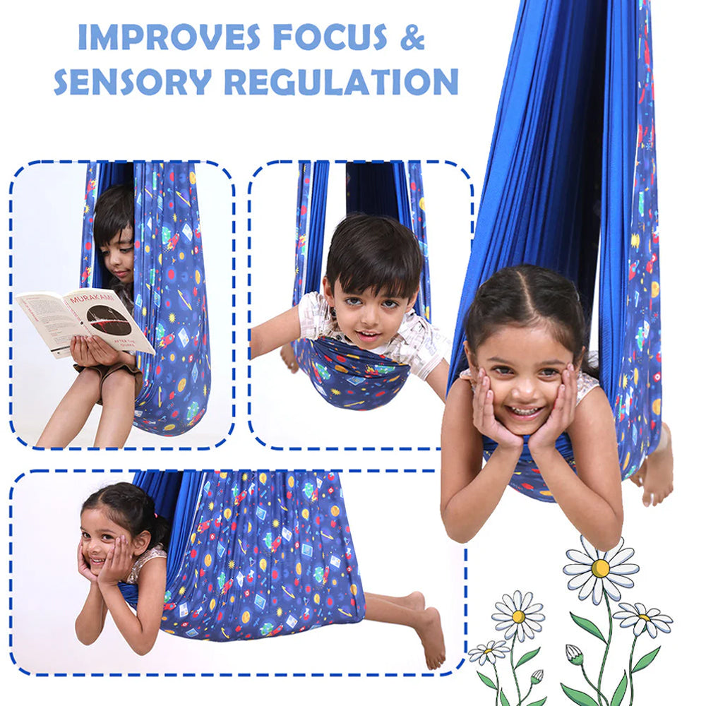 Ableys blue patterned lycra sensory swing for kids with children reading cuddling and relaxing in the fabric pod