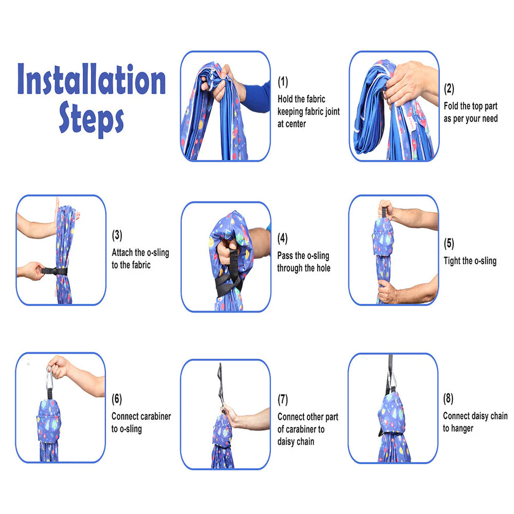 lycra sensory swing for kids installation diagram showing blue patterned fabric o ring carabiner and daisy chain steps