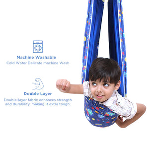 Ableys blue patterned lycra sensory swing for kids with double layer fabric, machine washable