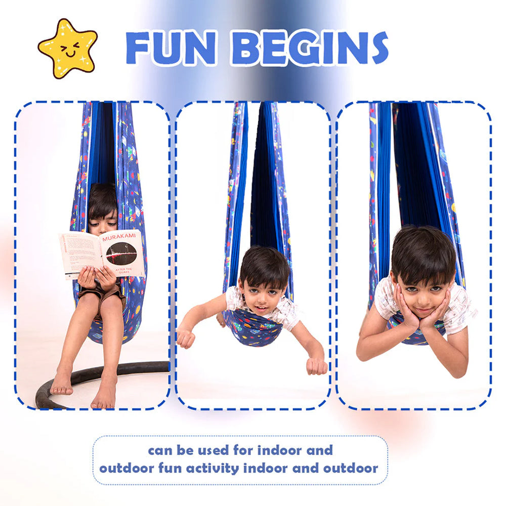Ableys lycra sensory swing for kids with blue printed fabric child reading swinging and lounging