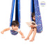 Two children using a blue patterned lycra sensory swing for kids one reading and one pretending to fly