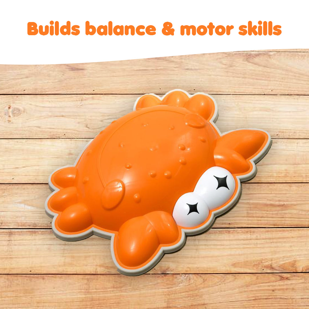 Ableys orange crab shaped sensory stepping stone on wooden floor for balance and play sensory stepping stones for kids