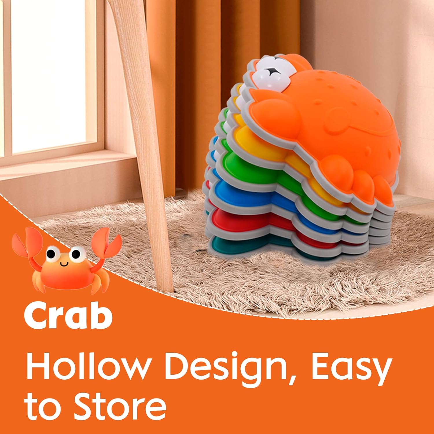 Ableys colorful crab shaped sensory stepping stones for kids stacked on rug demonstrating hollow easy to store design