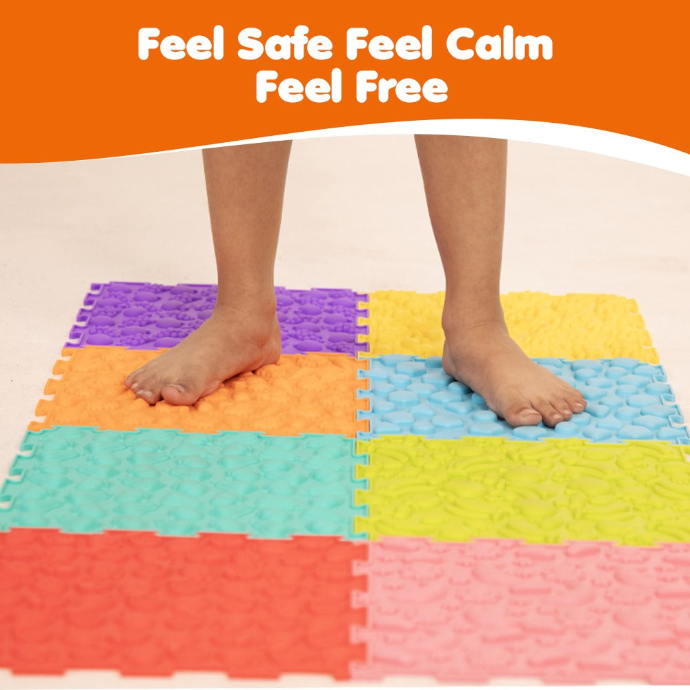 Ableys colorful interlocking textured sensory mat for kids showing bare feet on tactile tiles