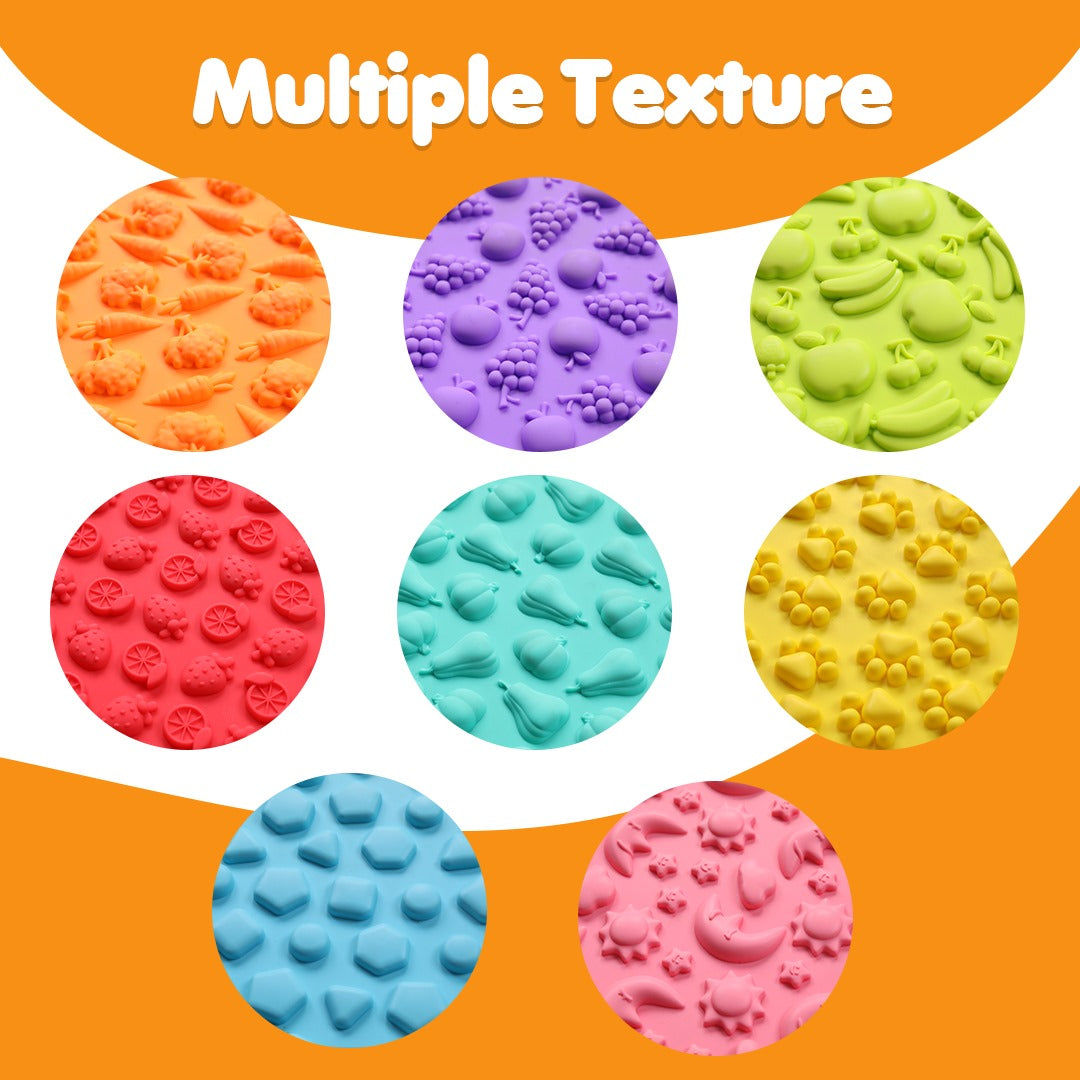 Ableys sensory mat for kids with eight colorful textured circles showing fruit and shape tactile patterns for sensory play
