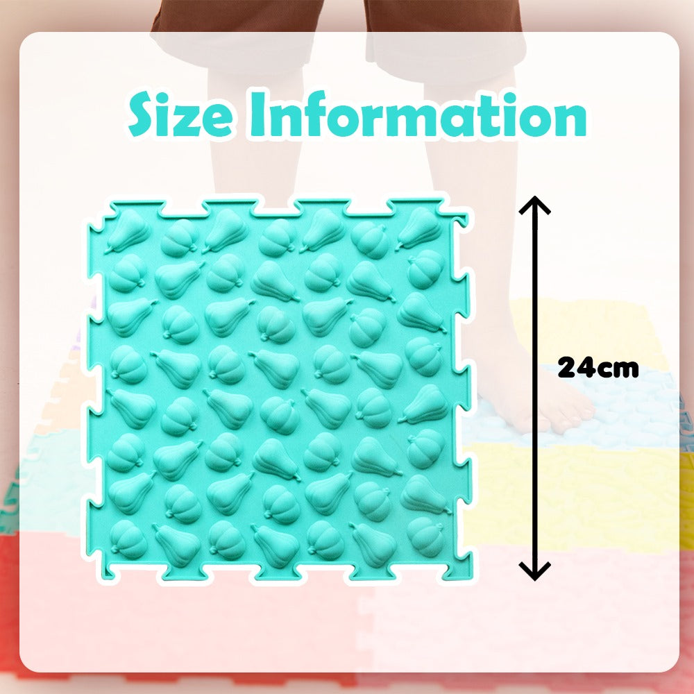 Ableys textured turquoise interlocking square sensory mat for kids showing 24cm size and child feet background