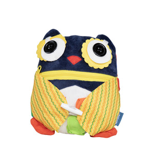Ableys plush owl buckle activity toy for fine motor skills with zipper mouth button eyes and colorful fabric wings