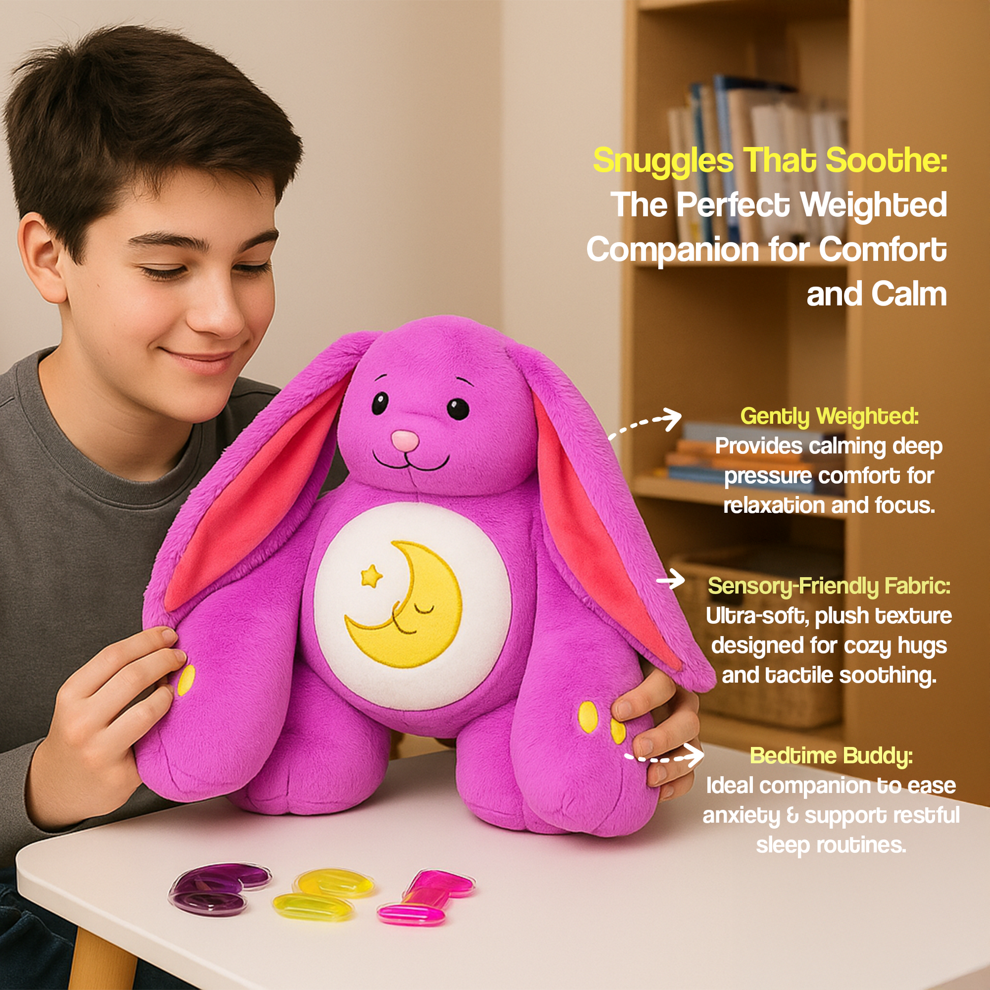 Teen holding purple bunny with moon belly and floppy ears weighted plush sensory toy for calming comfort