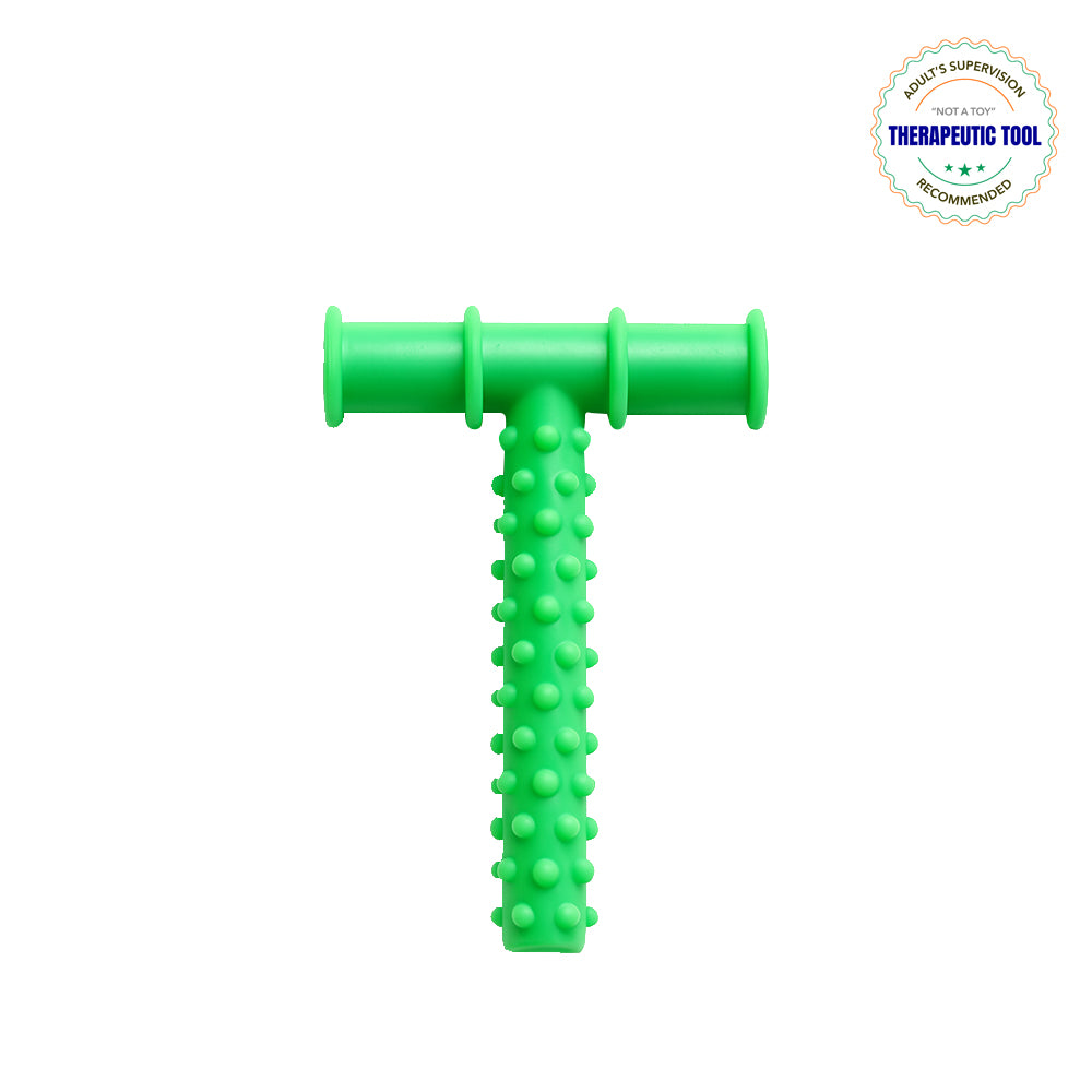 Ableys green T shaped textured chew tube for oral motor skills therapy and sensory biting practice