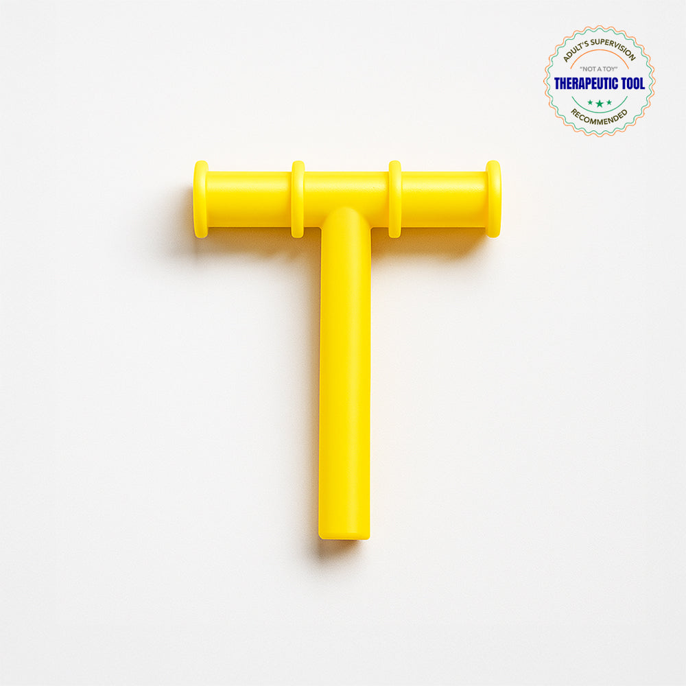 Ableys yellow T shaped chew tube for oral motor skills durable silicone sensory biting tool for kids