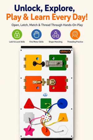Latch & Lock Busy Board – Sensory Wall Panel with Shape Matching and Threading Practice